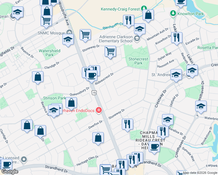 map of restaurants, bars, coffee shops, grocery stores, and more near 23 Roblyn Way in Ottawa