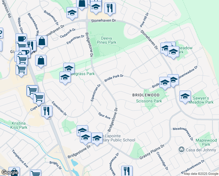 map of restaurants, bars, coffee shops, grocery stores, and more near 146 Bridgestone Drive in Ottawa