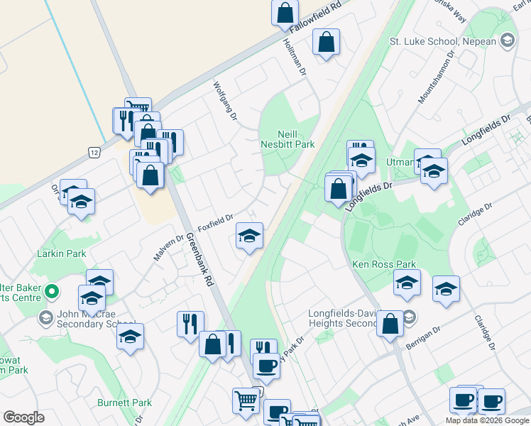 map of restaurants, bars, coffee shops, grocery stores, and more near 44 Foxfield Drive in Ottawa