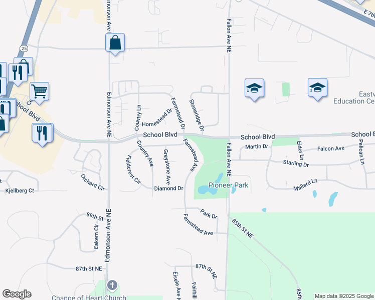 map of restaurants, bars, coffee shops, grocery stores, and more near 9193 Farmstead Avenue in Monticello