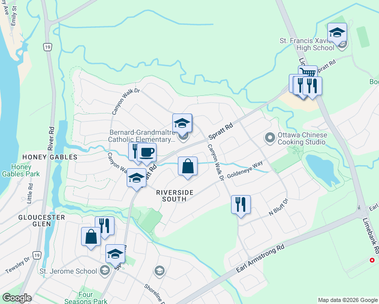 map of restaurants, bars, coffee shops, grocery stores, and more near 1067 Rocky Harbour Crescent in Ottawa