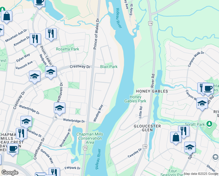 map of restaurants, bars, coffee shops, grocery stores, and more near 155 Winding Way in Ottawa