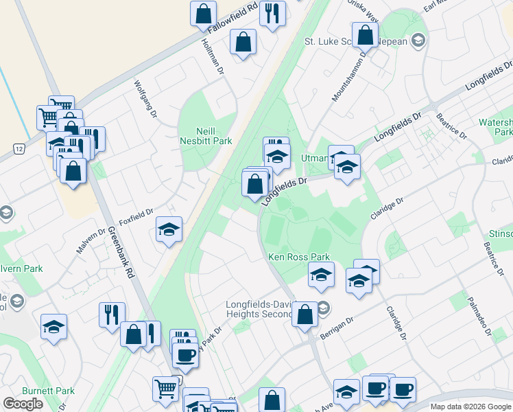 map of restaurants, bars, coffee shops, grocery stores, and more near 615 Longfields Drive in Ottawa