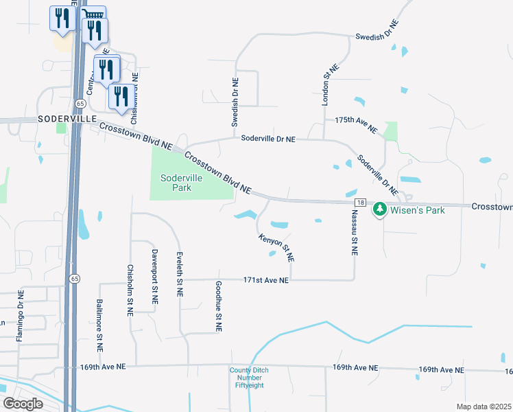 map of restaurants, bars, coffee shops, grocery stores, and more near 17230 Kenyon Street Northeast in Ham Lake