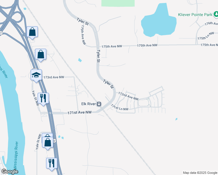 map of restaurants, bars, coffee shops, grocery stores, and more near 17250 Twin Lakes Road Northwest in Elk River