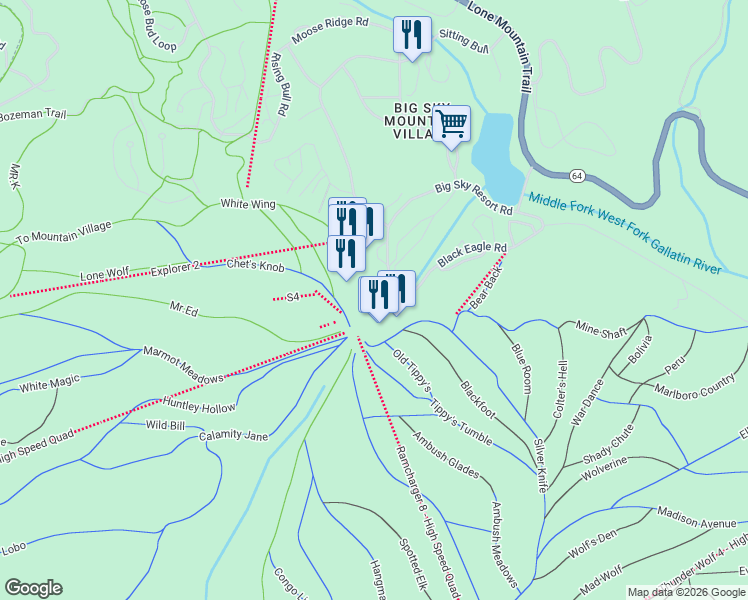 map of restaurants, bars, coffee shops, grocery stores, and more near 52 Big Sky Resort Road in Big Sky