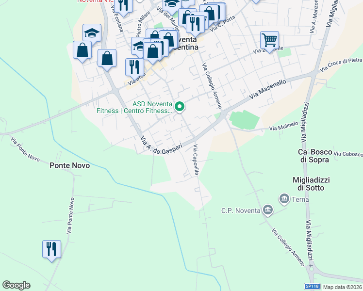 map of restaurants, bars, coffee shops, grocery stores, and more near 50/A Via Borghetto in Noventa Vicentina
