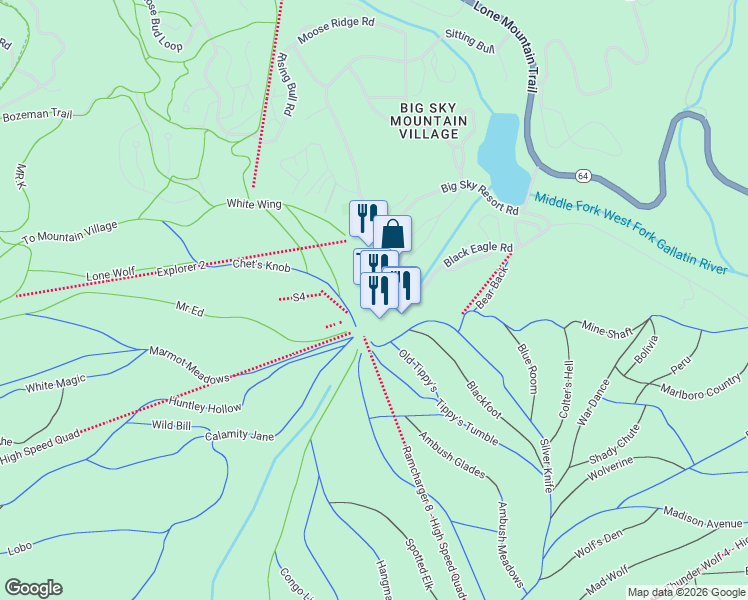 map of restaurants, bars, coffee shops, grocery stores, and more near 52 Big Sky Resort Road in Big Sky