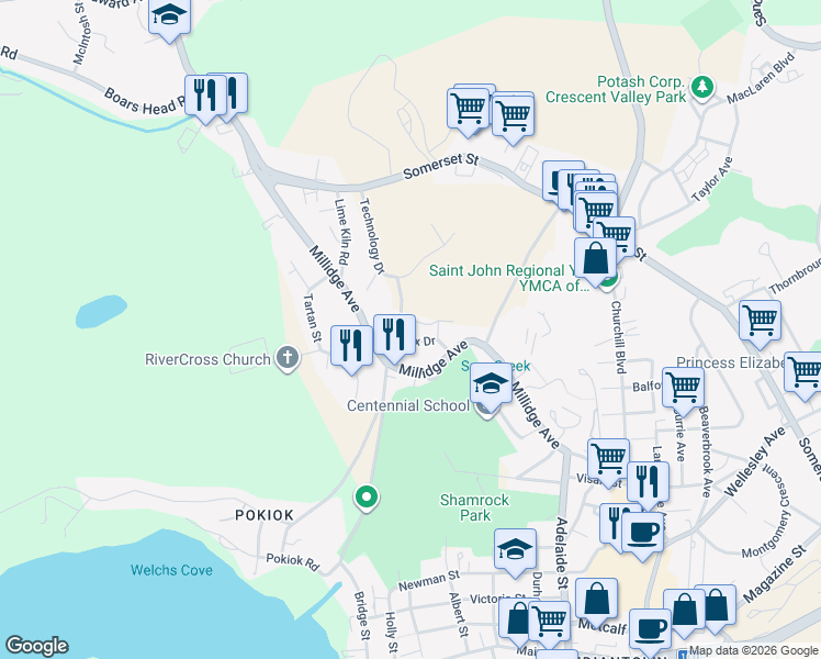 map of restaurants, bars, coffee shops, grocery stores, and more near 36 Sussex Drive in Saint John