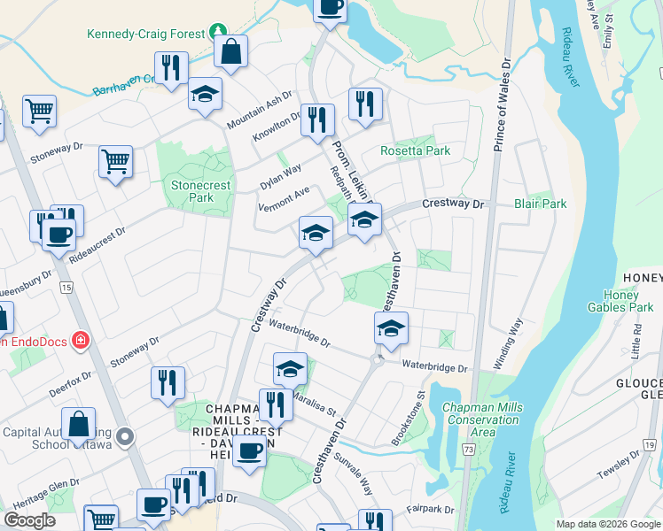 map of restaurants, bars, coffee shops, grocery stores, and more near 145 Oldfield Street in Ottawa
