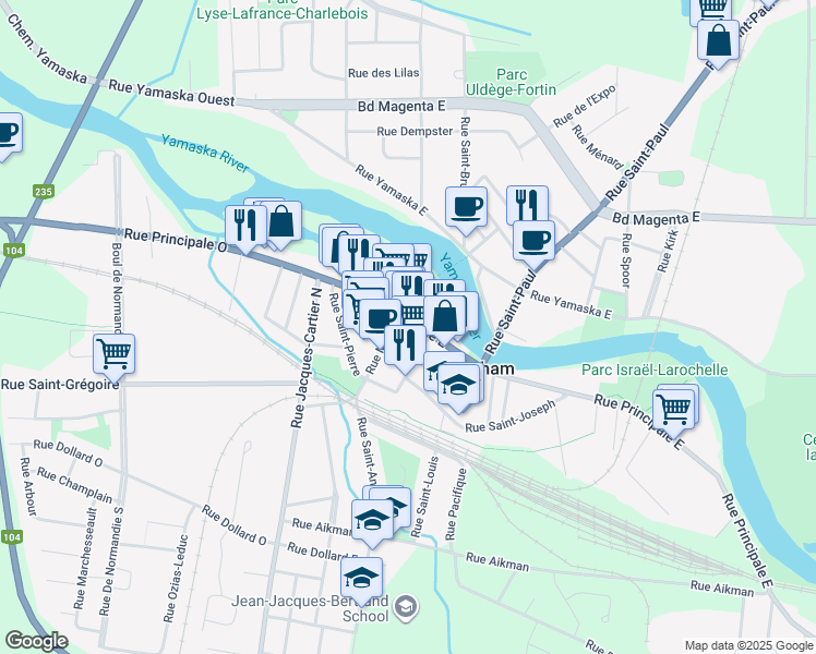 map of restaurants, bars, coffee shops, grocery stores, and more near 201 Rue Principale Est in Farnham