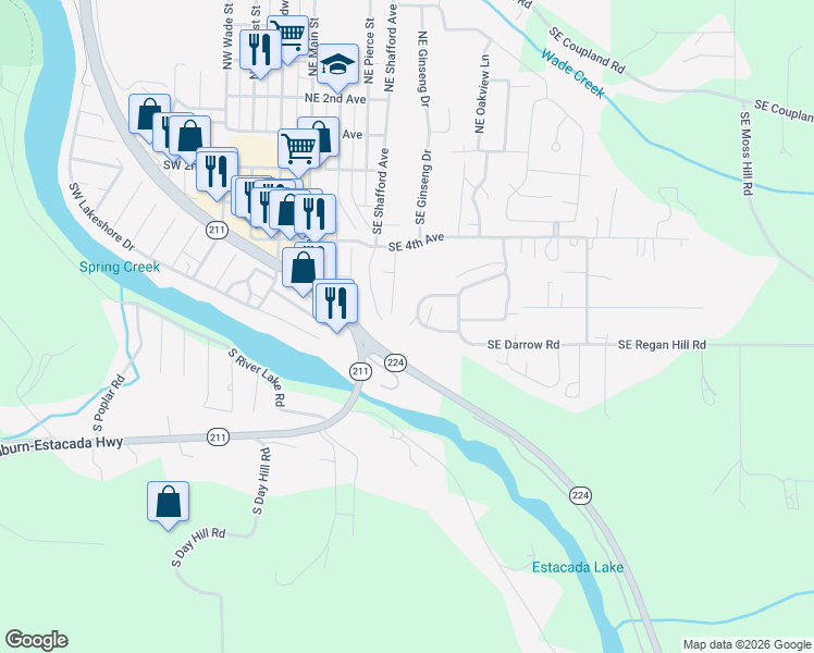map of restaurants, bars, coffee shops, grocery stores, and more near 732 Southeast Forest Glen Road in Estacada