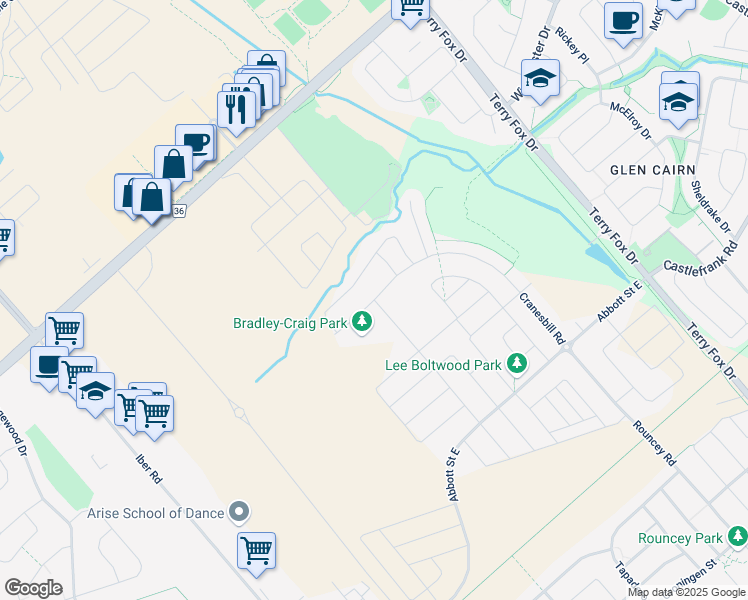 map of restaurants, bars, coffee shops, grocery stores, and more near Triangle Street in Ottawa