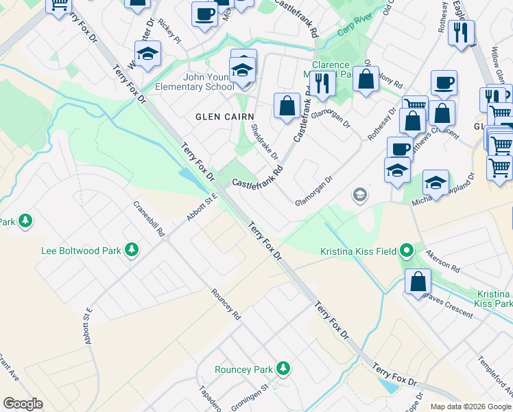 map of restaurants, bars, coffee shops, grocery stores, and more near 1 Castle Glen Crescent in Ottawa