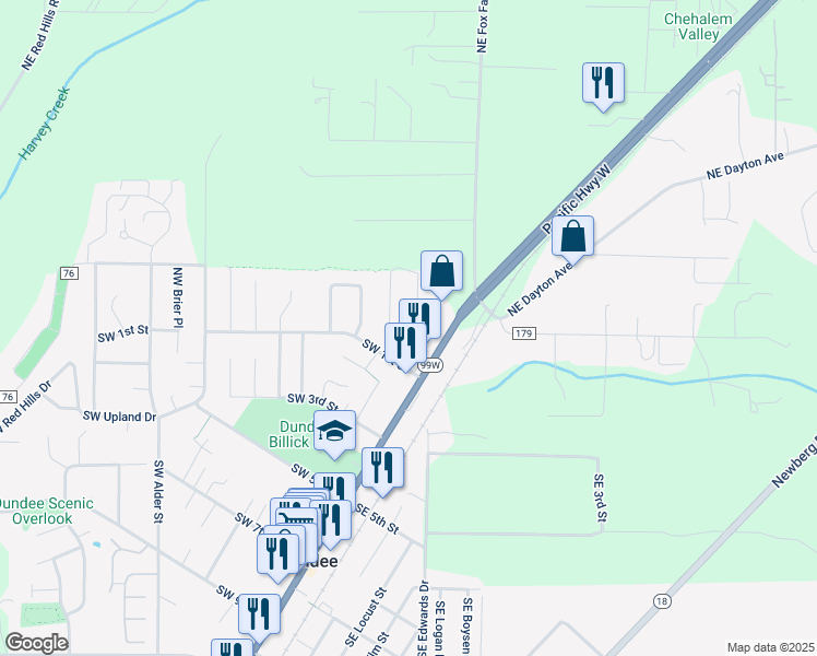 map of restaurants, bars, coffee shops, grocery stores, and more near 225 Northwest Ione Street in Dundee