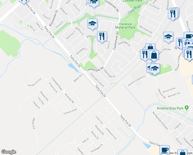map of restaurants, bars, coffee shops, grocery stores, and more near 127 Castle Glen Crescent in Ottawa