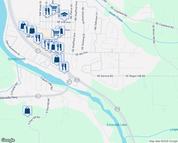 map of restaurants, bars, coffee shops, grocery stores, and more near 581 Southeast Mountain View Lane in Estacada
