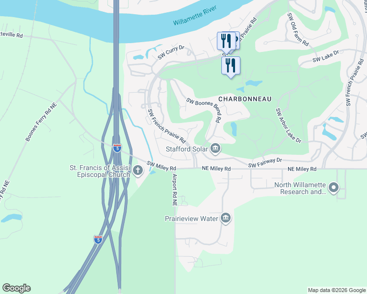 map of restaurants, bars, coffee shops, grocery stores, and more near 8280 Southwest Lafayette Way in Wilsonville