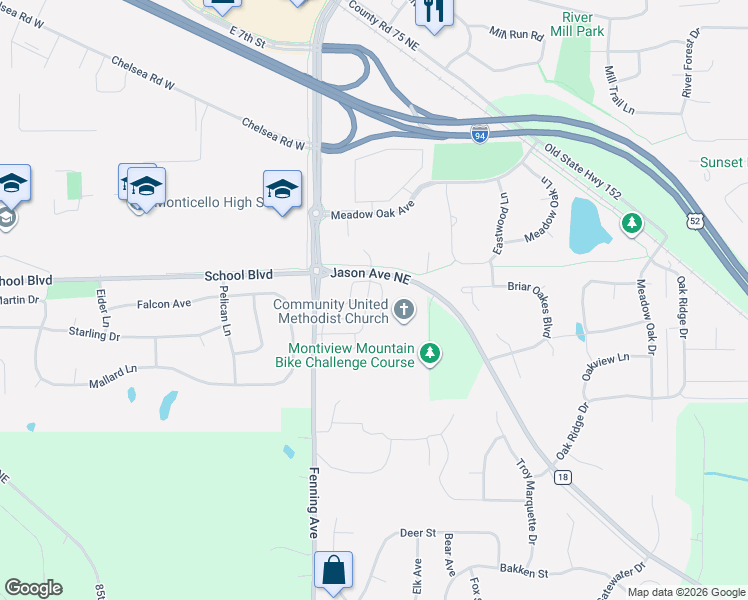 map of restaurants, bars, coffee shops, grocery stores, and more near 9222 Overlook Lane in Monticello