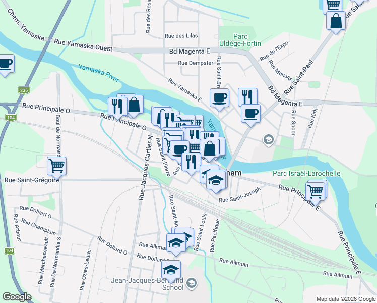 map of restaurants, bars, coffee shops, grocery stores, and more near 222 Rue Principale Est in Farnham
