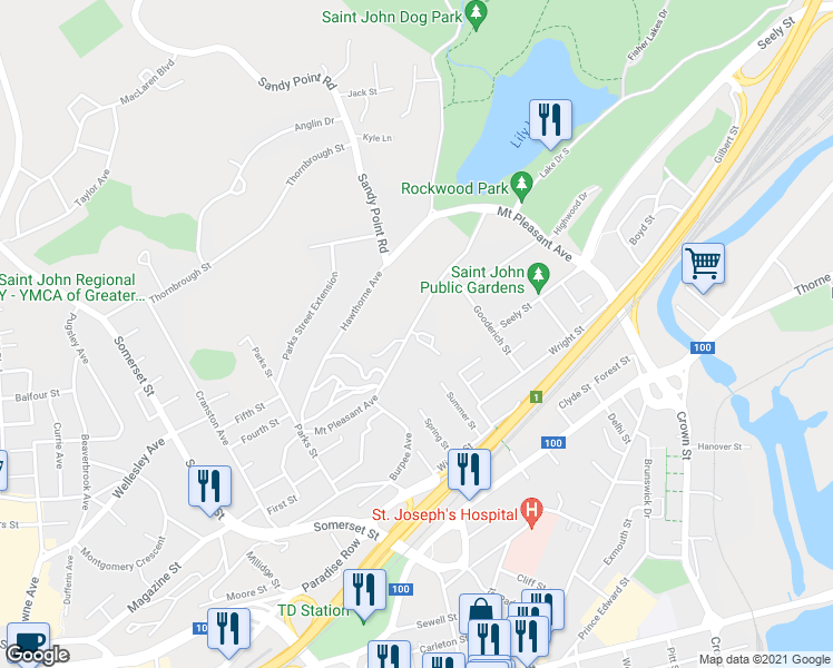 map of restaurants, bars, coffee shops, grocery stores, and more near 25 Mount Pleasant Court in Saint John