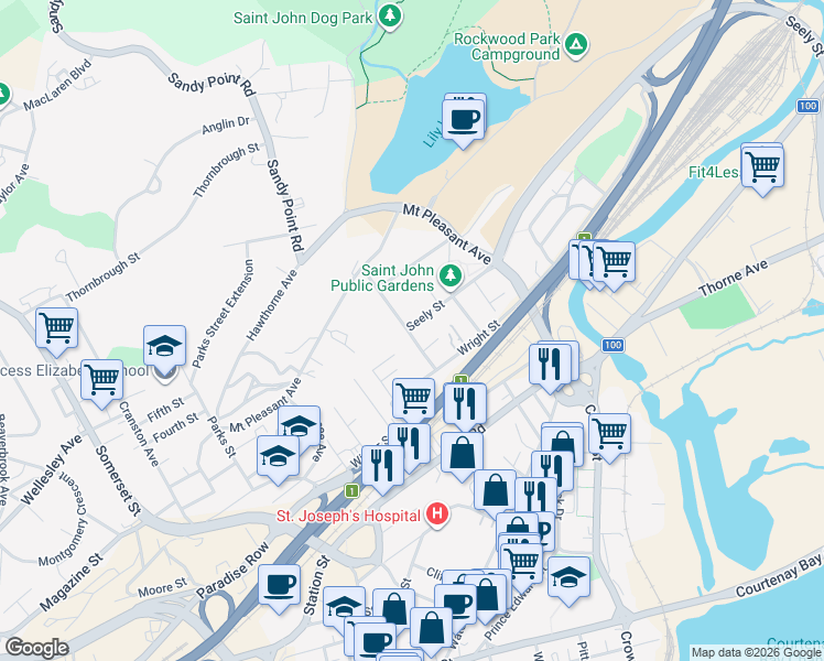 map of restaurants, bars, coffee shops, grocery stores, and more near 1 Seely Street in Saint John