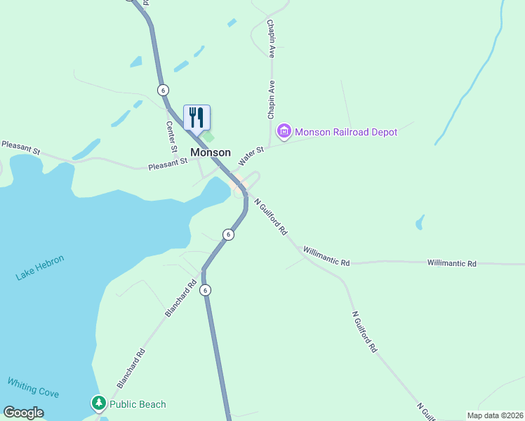 map of restaurants, bars, coffee shops, grocery stores, and more near 153 North Guilford Road in Monson