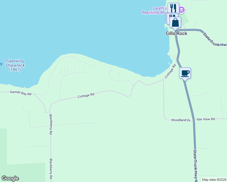 map of restaurants, bars, coffee shops, grocery stores, and more near 1054 Cottage Lane in Ellison Bay