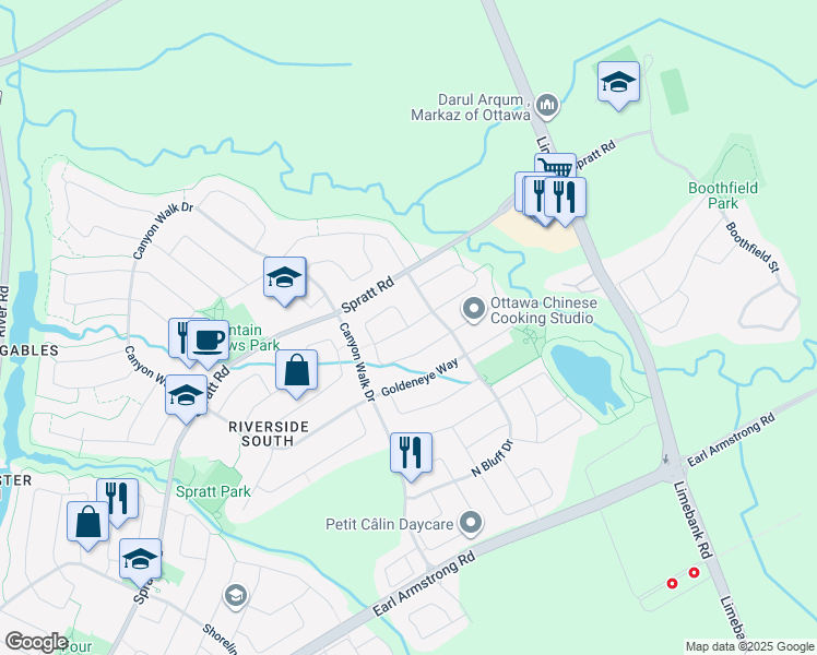map of restaurants, bars, coffee shops, grocery stores, and more near Bookton Place in Ottawa