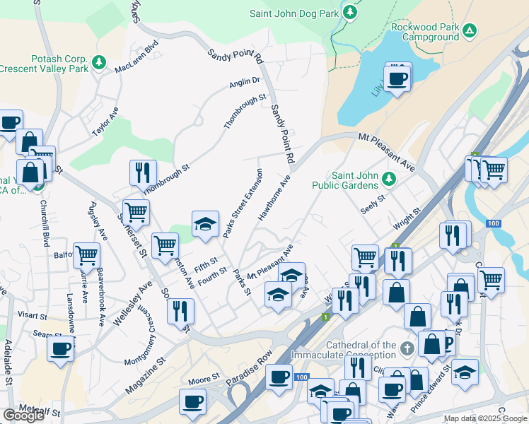 map of restaurants, bars, coffee shops, grocery stores, and more near Hawthorne Avenue in Saint John
