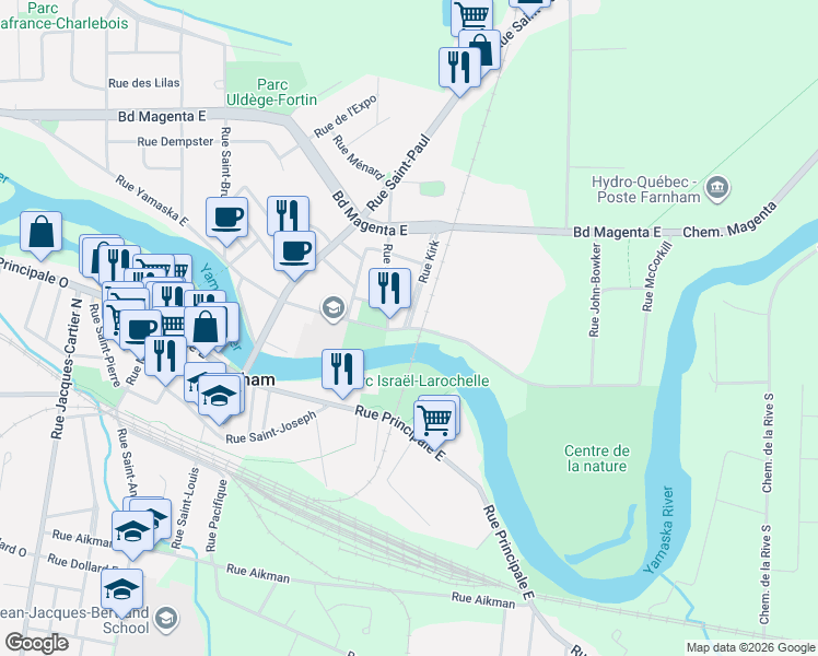 map of restaurants, bars, coffee shops, grocery stores, and more near 1001 Rue Yamaska Est in Farnham