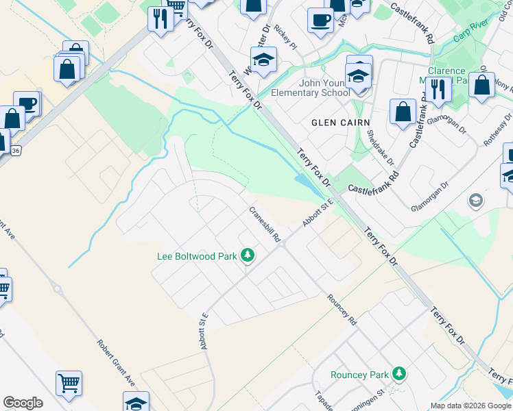 map of restaurants, bars, coffee shops, grocery stores, and more near 153 Cranesbill Road in Ottawa