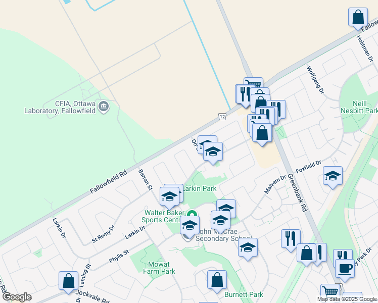 map of restaurants, bars, coffee shops, grocery stores, and more near 11 Barrhaven Crescent in Ottawa