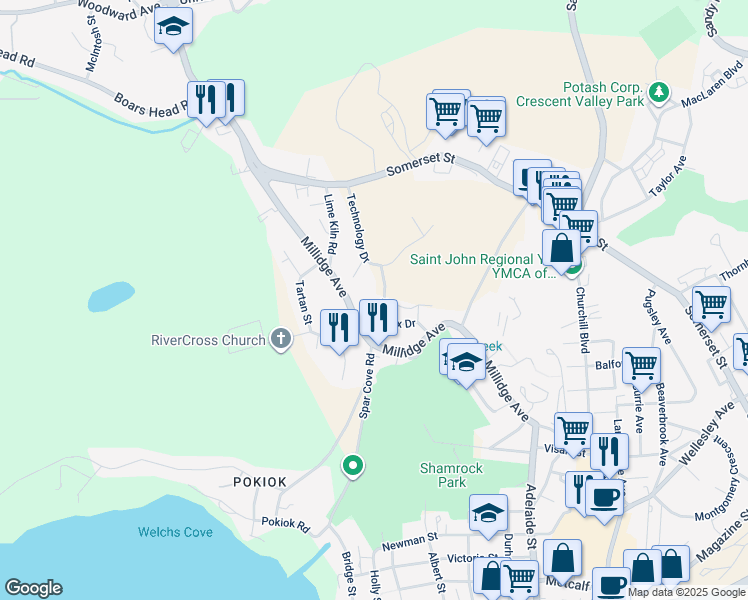 map of restaurants, bars, coffee shops, grocery stores, and more near 63 Sussex Drive in Saint John