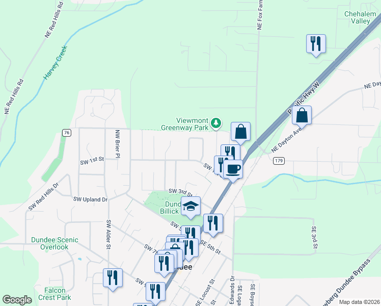 map of restaurants, bars, coffee shops, grocery stores, and more near 165 Northwest Peach Street in Dundee
