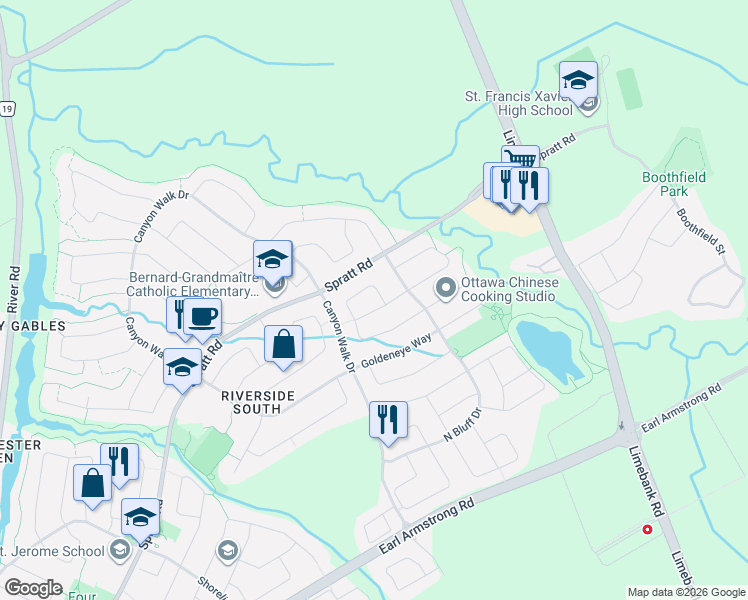 map of restaurants, bars, coffee shops, grocery stores, and more near 305 Grey Seal Circle in Ottawa