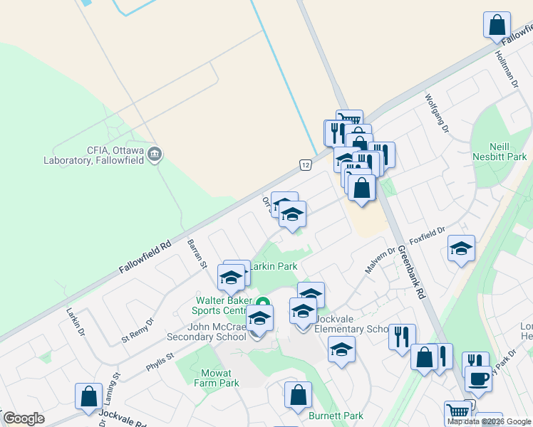map of restaurants, bars, coffee shops, grocery stores, and more near 10 Orr Street in Ottawa