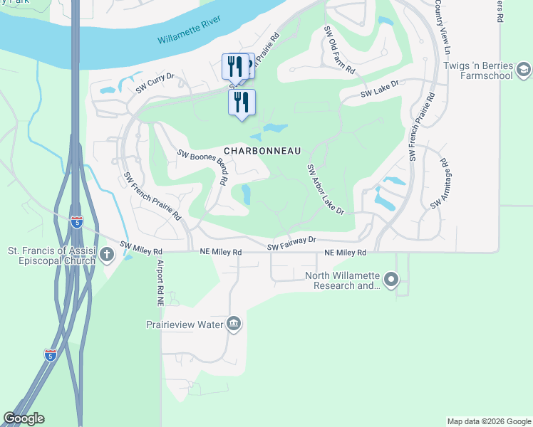 map of restaurants, bars, coffee shops, grocery stores, and more near 32555 Southwest Lake Point Court in Wilsonville