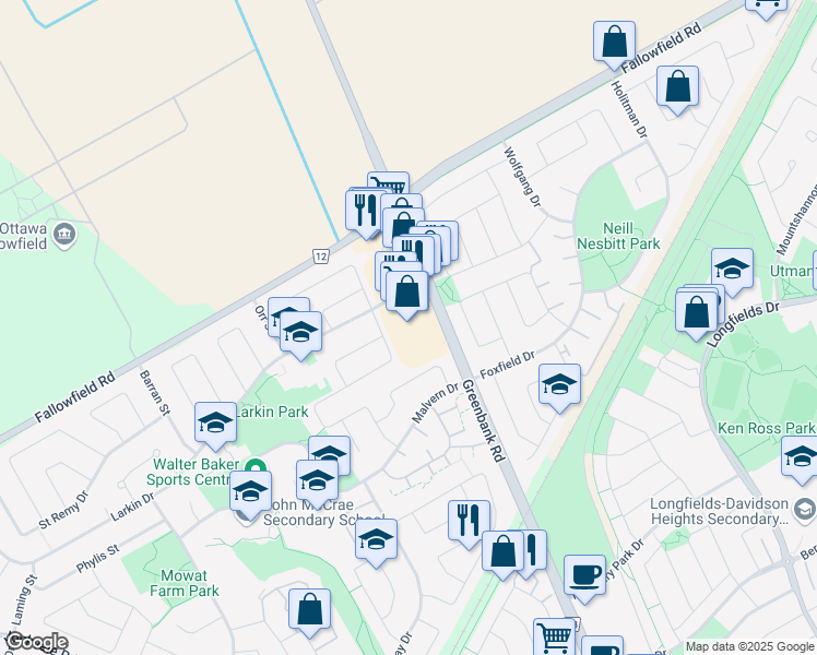 map of restaurants, bars, coffee shops, grocery stores, and more near 900 Greenbank Road in Ottawa