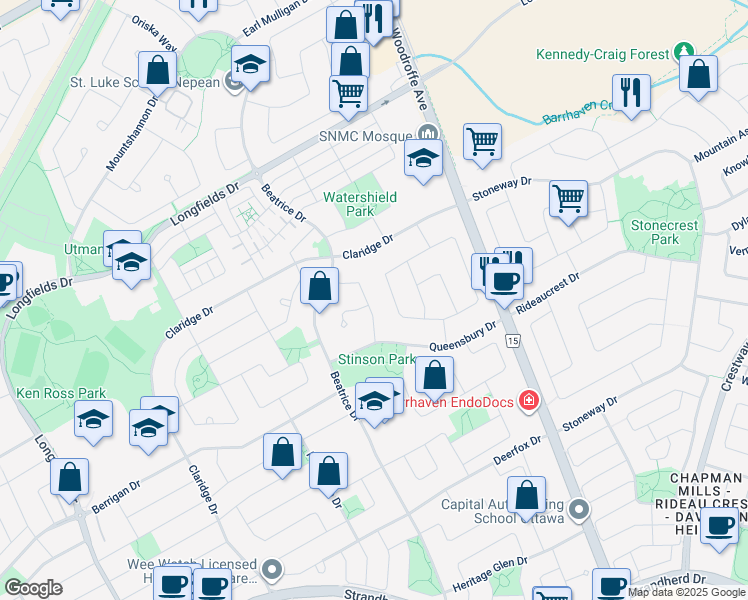 map of restaurants, bars, coffee shops, grocery stores, and more near 31 Burntwood Avenue in Ottawa