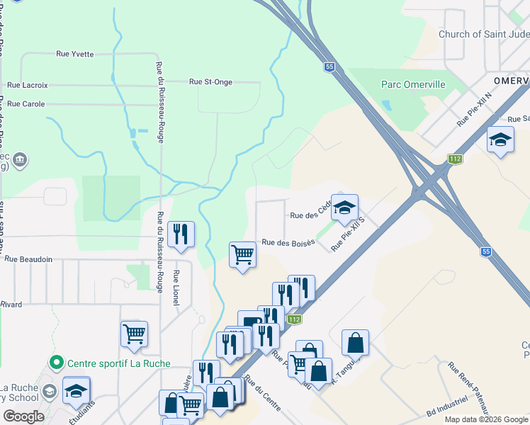 map of restaurants, bars, coffee shops, grocery stores, and more near 38 Rue des Peupliers in Magog