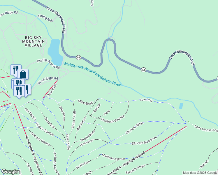 map of restaurants, bars, coffee shops, grocery stores, and more near 355 Low Dog Road in Big Sky