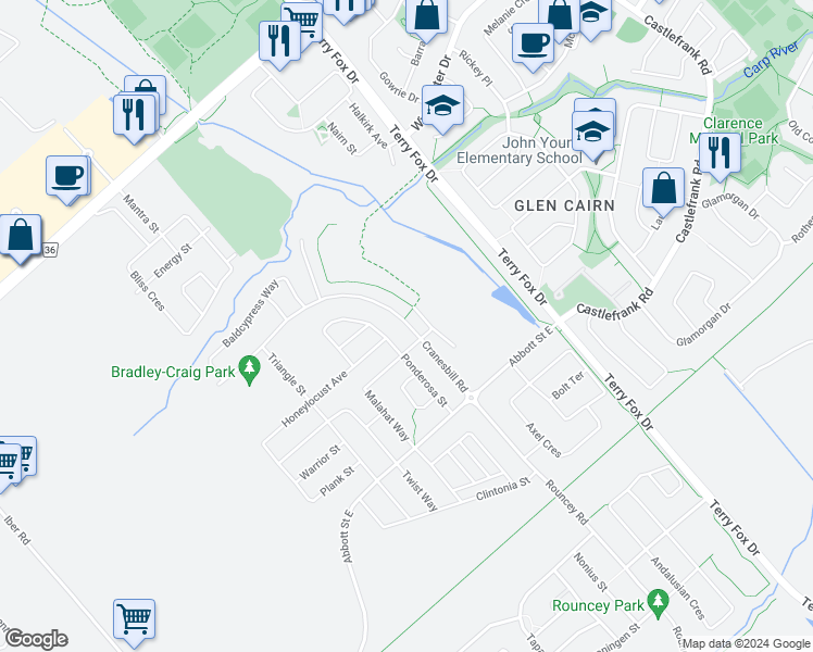 map of restaurants, bars, coffee shops, grocery stores, and more near 153 Cranesbill Road in Ottawa