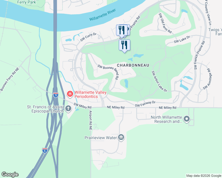 map of restaurants, bars, coffee shops, grocery stores, and more near 32485 Southwest Boones Bend Road in Wilsonville