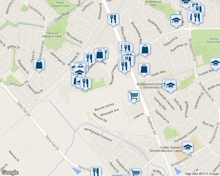 map of restaurants, bars, coffee shops, grocery stores, and more near 160 Michael Cowpland Drive in Ottawa