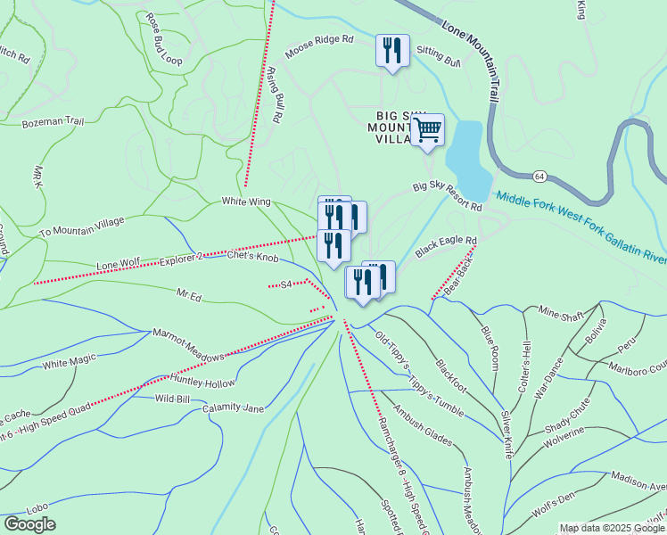map of restaurants, bars, coffee shops, grocery stores, and more near 48 Big Sky Resort Road in Big Sky
