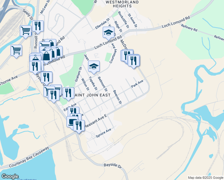 map of restaurants, bars, coffee shops, grocery stores, and more near 138 Beacon Street in Saint John