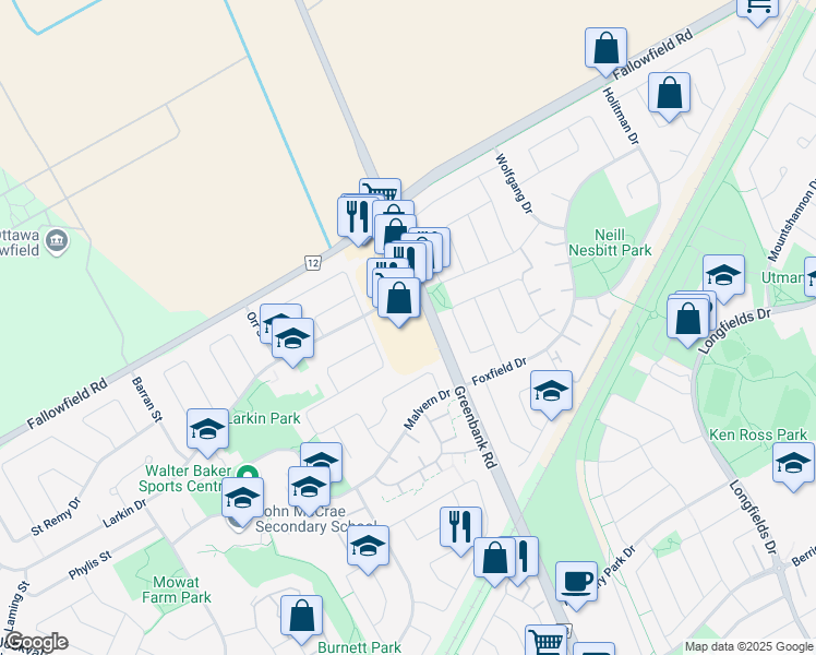 map of restaurants, bars, coffee shops, grocery stores, and more near in Ottawa