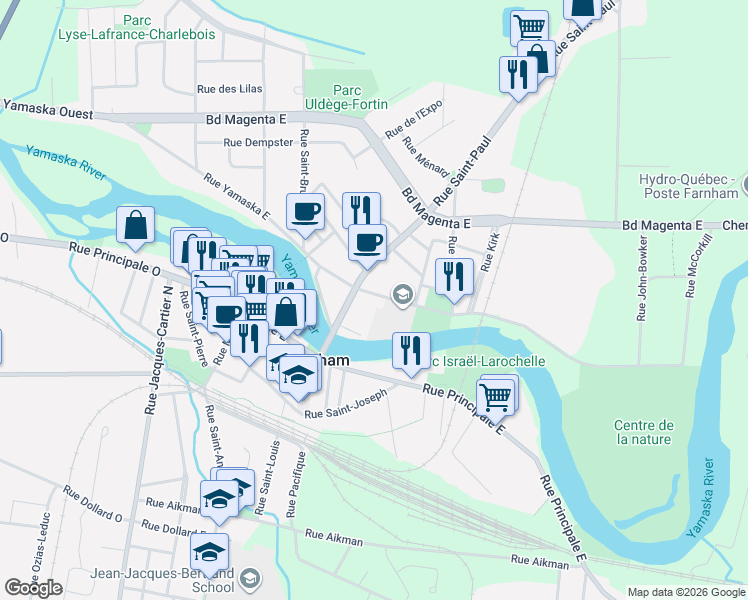 map of restaurants, bars, coffee shops, grocery stores, and more near 568 Rue Yamaska Est in Farnham