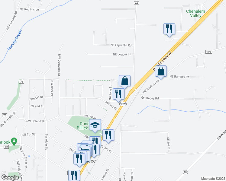 map of restaurants, bars, coffee shops, grocery stores, and more near 225 Northwest Ione Street in Dundee